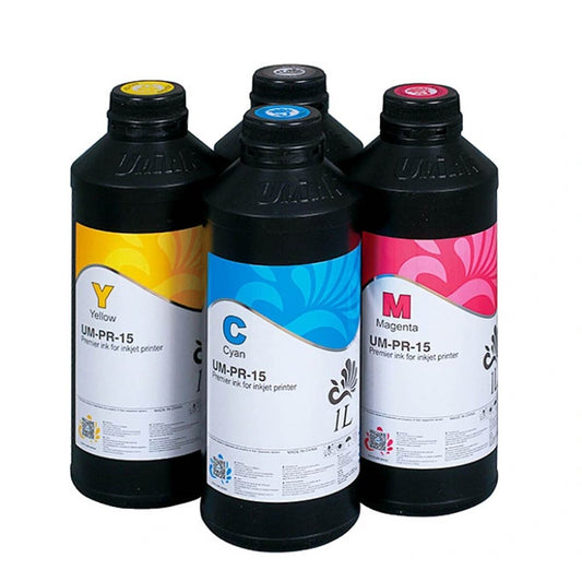 Tinta UV semirrígida premium para impresión digital en plotter | Colores Cyan, Magenta, Amarillo y Negro | Botella 1 litro UM-PR-15 Tinta blanca UV con barniz para impresión en PVC y acrílico